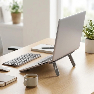 2 Kademeli Katlanabilir Laptop Standı – Kendiliğinden Güçlü Yapışkanlı, Ergonomik Tablet Yükseltici