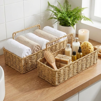 2’li Duvar Askılı Plastik Rattan Organizer – Dikdörtgen Hasır Görünümlü Mutfak Raf Sepeti, Banyo ve Ev İçi Düzenleme Ünitesi