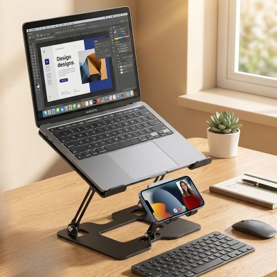 2’si 1 Arada Laptop ve Telefon Standı – AlüMetal Ayarlanabilir,Katlanabilir,Ergonomik Yükseltici