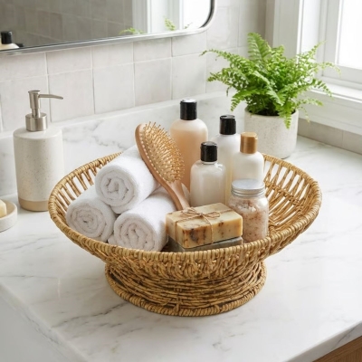 28 cm Plastik Rattan Servis Çanağı – Doğal Hasır Görünümlü Dekoratif Meyve, Ekmek ve Sunum Kasesi