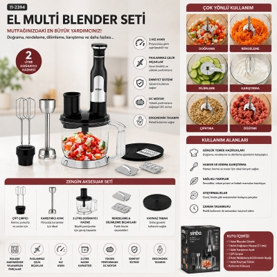 2HIZ AYAR - PASLANMAZ ÇELİK BIÇAK EL MULTİ BLENDER SETİ 2 LT HAZNELİ SHB-7534