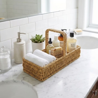 3 Bölmeli Plastik Rattan Düzenleyici?Saplı Masaüstü Organizer, Mutfak Kaşık Çatal Sepeti, Banyo &amp; Ofis Çok Amaçlı Sunum Standı