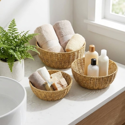 3’lü Plastik Rattan Çanak Seti – Hasır Görünümlü İç İçe Geçebilen Sunum ve Düzenleme Kaseleri, Mutfak &amp; Masaüstü Çok Amaçlı Organizer