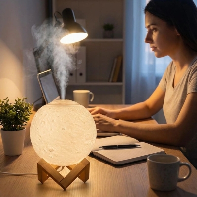 3D Ay Tasarımlı Su Yenilemeli USB Hava Nemlendiricisi – Dokunmatik, 3 Renk Işık Modlu (Gün Işığı / Beyaz / Sarı Işık) Gece Lambası