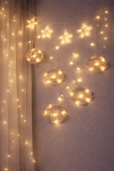 3MT FİŞLİ - EKLEMELİ RAMAZAN DEKOR LAMBA - PERDE LED SARI BEYAZ YUVARLAK CAMİ - YILDIZ EKL-09-04