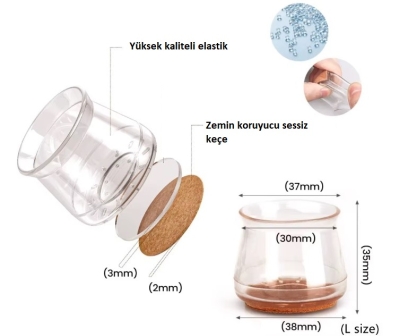 4'lü Keçeli Şeffaf Silikon Sandalye Ayak Koruyucu Seti
