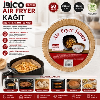 50PCS YUVARLAK TABAN: 20CM - KENAR: 4.5CM AİR FRYER PİŞİRME KALIP KAĞIT