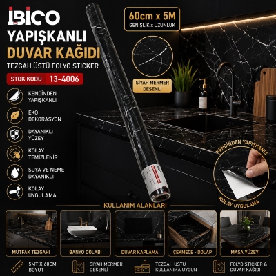 5MT X 60CM SİYAH MERMER DESENLİ TEZGAH ÜSTÜ FOLYO STİCKER - DUVAR KAĞIT KENDİNDEN YAPIŞKANLI - EKO DEKORASYON - DAYANIKLI