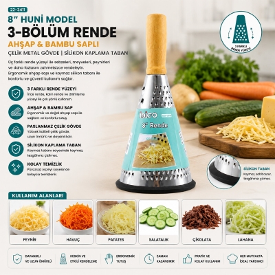 8 İNÇ - HUNİ MODEL   AHŞAP - BAMBU SAPLI  METAL RENDE  SİLİKON TABANLI