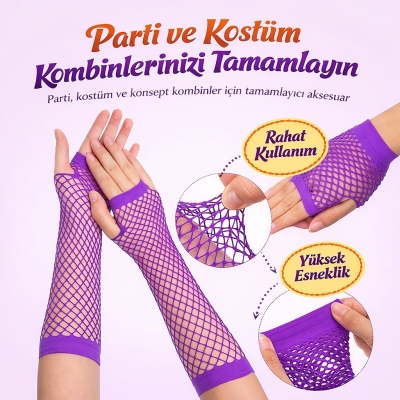 80?ler 90?lar Retro Mor File Parmaksız Eldiven 26 cm