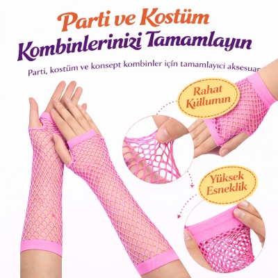 80?ler 90?lar Retro Neon Pembe File Parmaksız Eldiven 26 cm