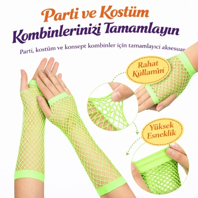 80?ler 90?lar Retro Neon Yeşil File Parmaksız Eldiven 26 cm