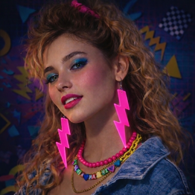 80’ler 90'lar Retro Neon Pembe Şimşek Küpe 10 cm