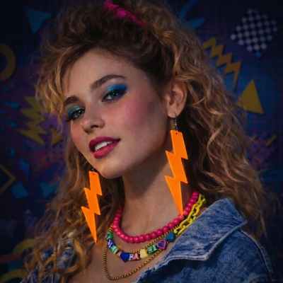 80’ler 90'lar Retro Neon Turuncu Şimşek Küpe 10 cm