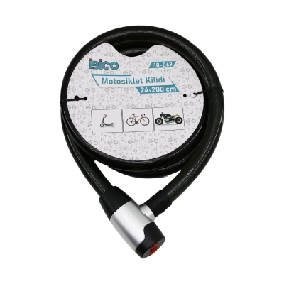 ANAHTARLI METAL KAPLAMA KAFAÇEK-İT KİLİT KAPAKMOTOR - BİSİKLET KİLİT ÇELİK TELSİYAH ŞEFFAF KILIF24MMX200CM