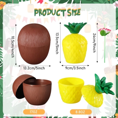 Ananas &amp;amp; Hindistan Cevizi Tasarımlı Pipetli Bardak Seti (6 Adet)