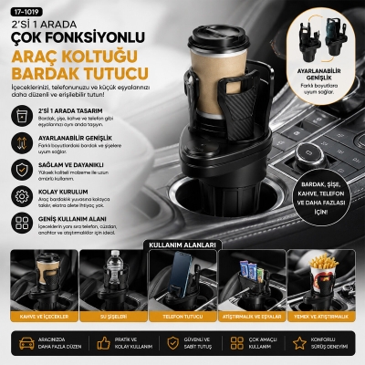 ARAÇ İÇİ ÇOK FONKSİYONLU BARDAK TUTUCU - 2 BÖLMELİ 360° DÖNEBİLEN - GENİŞLEYEBİLİR ÜST HAZNE - STAND CWS-003