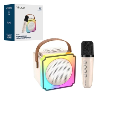 BEYAZ KARAOKE MİKROFONLU WİRELESS HOPARLÖR - SPEAKER IŞIKLI USB ŞARJLI BT - TF CARD - AUX 5W