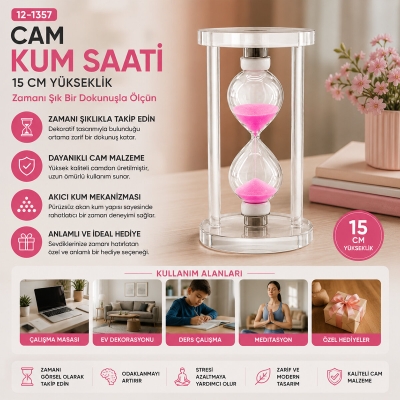 BÜYÜK CAM KUM SAATİ CAM STANDLI= ÇAP: 7.5CM-YÜKSEKLİK: 15CM