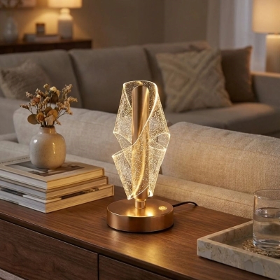Çapraz Kavisli Ters Kristal Simli LED Masa Lambası ? Gold Gövdeli, Dokunmatik, 3 Kademe Işık Ayarlı Şarjlı Dekoratif Lamba