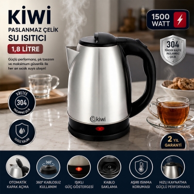 ÇELİK KETTLE ELEKTRİKLİ SU ISITICISI PASLANMAZ ÇELİK GİZLİ REZİSTANS 360° 1.8LT 1500W KK-3331