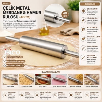 ÇELİK METAL MERDANE - HAMUR RULOSU 40CM