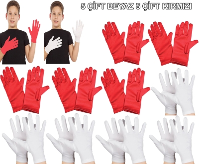 Çocuk Gösteri Eldiven Seti ? 5 Çift Beyaz &amp;amp; 5 Çift Kırmızı