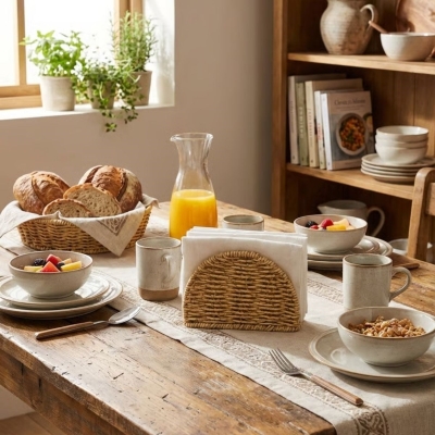 Dekoratif Plastik Rattan Yarım Yuvarlak Peçetelik?Doğal Hasır Dokulu Masaüstü Peçete Standı