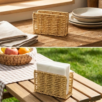 Dekoratif Plastik Rattan Dikdörtgen Peçetelik?Doğal Hasır Dokulu Masaüstü Peçete Standı