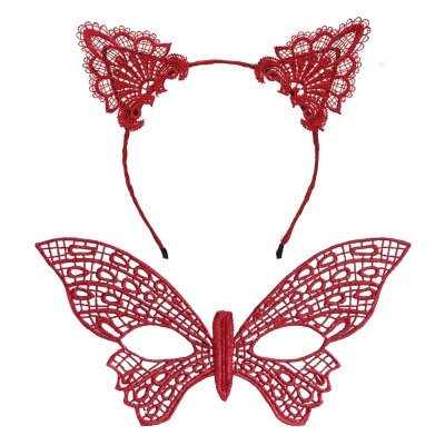 Gösterişli Kırmızı Dantel Maske ve Taç Seti 7 No – Masquerade ve Davetler için