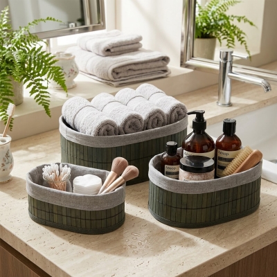 GRİ 3 BOY OVAL BAMBU KENAR ORGANİZER SEPET AHŞAP ALTLIK - BEZLİ 12X21-16X25-20X30CM