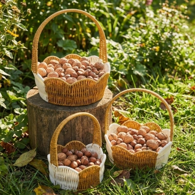 İç İçe Geçebilen 3?lü Çift Renkli Yuvarlak Dalgalı Formlu Saplı Plastik Rattan Sepet Seti ? Hasır Görünümlü Çok Amaçlı Organizerler