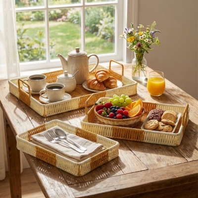 İç İçe Geçebilen 3?lü Dikdörtgen Plastik Rattan Tepsi Seti?Çift Renkli Hasır Görünümlü Çok Amaçlı Servis ve Sunum Tepsileri