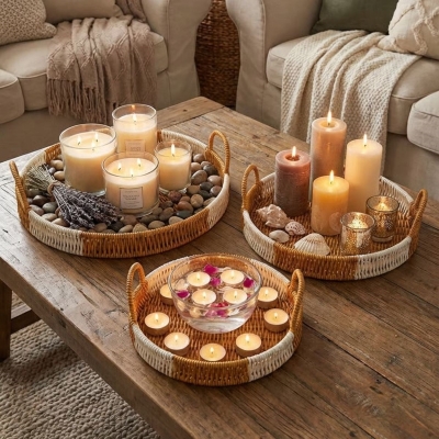 İç İçe Geçebilen 3?lü Yuvarlak Plastik Rattan Tepsi Seti?Çift Renkli Hasır Görünümlü Çok Amaçlı Servis ve Sunum Tepsileri