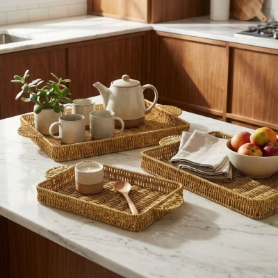 İç İçe Geçebilen 3?lü Dikdörtgen Plastik Rattan Tepsi Seti?Hasır Görünümlü Çok Amaçlı Servis ve Sunum Tepsileri