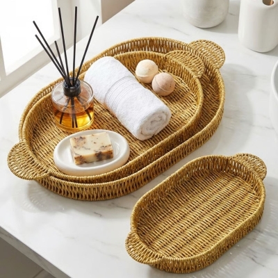 İç İçe Geçebilen 3?lü Oval Plastik Rattan Tepsi Seti?Hasır Görünümlü Çok Amaçlı Servis ve Sunum Tepsileri