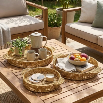 İç İçe Geçebilen 3?lü Yuvarlak Plastik Rattan Tepsi Seti?Hasır Görünümlü Çok Amaçlı Servis ve Sunum Tepsileri