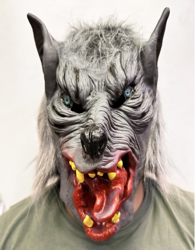 Kafaya Tam Geçmeli Lateks Dil Çıkaran Mavi Gözlü Kurt Maskesi