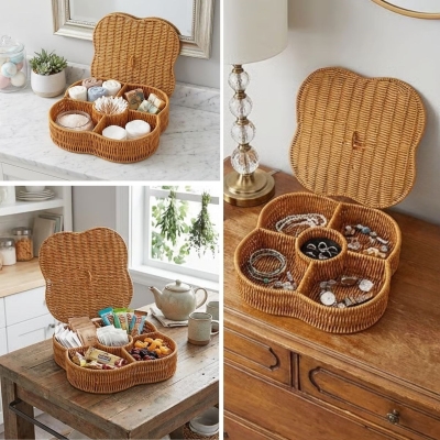 Kapaklı 5 Bölmeli Plastik Rattan Organizer Kutu – Hasır Desenli Çok Amaçlı Saklama ve Sunum Sepeti Çerezlik
