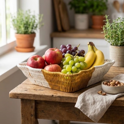Kare Dalgalı Çift Renkli Plastik Rattan Ekmek ve Meyve Sepeti - Çok Amaçlı Banyo ve Mutfak Düzenleyici - Yıkanabilir Tezgâh Üstü Organizer