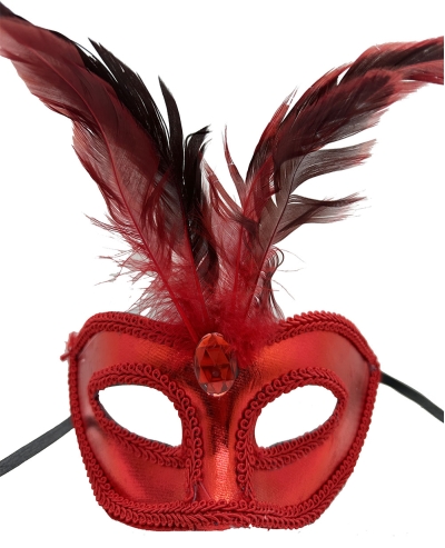 Kırmızı Renk Rugan Kaplama Kırmızı Tüylü Parti Maskesi 18x20 cm