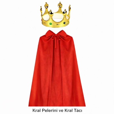 Kral Kostüm Pelerini ve Altın Renk Kral Tacı Çocuk Boy 90 cm