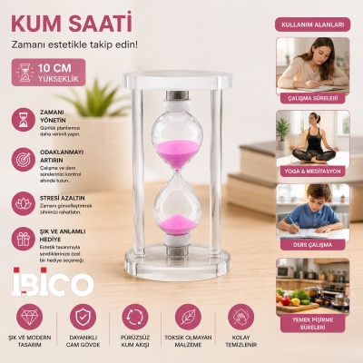 KÜÇÜK CAM KUM SAATİ CAM STANDLI= ÇAP: 6CM-YÜKSEKLİK: 10CM