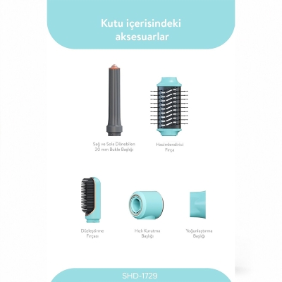 MAVİ AİR BRUSH 5İN1=BUKLE-HACİMLE-DÜZLEŞTİR-2-FIRÇA SAÇ KURUTMA - ŞEKİL MAKİNESİ 1300W 3-KDM.HIZ SICAKLIK SHD-1729