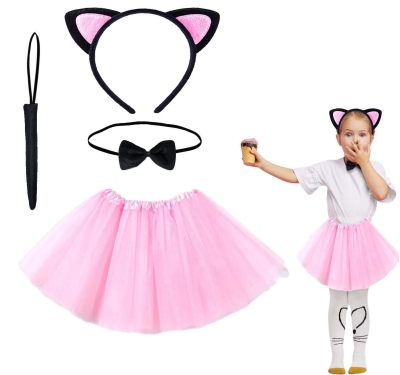 Pembe Renk Etekli Kedi Kostüm Seti (Tütü, Taç, Papyon, Kuyruk)