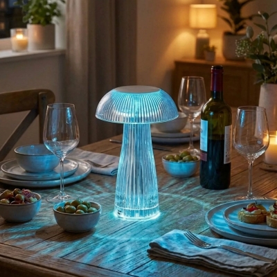 Şeffaf Mantar Model LED Masa Lambası ?Kumandalı Şarjlı, Dokunmatik, Rengarek Işık Modlu Dekoratif Gece Lambası