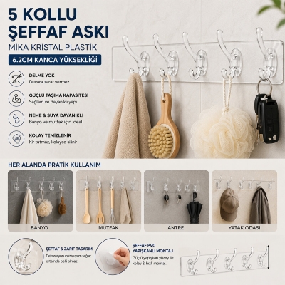 SİLİKON 5 KOLLU ŞEFFAF YAPIŞKAN ASKI