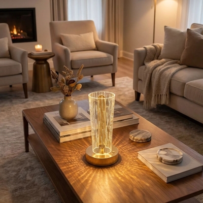 Silindirik Kristal Nokta Model LED Masa Lambası ? Gold Tabanlı, Dokunmatik, 3 Renk Işık Modlu, Şarjlı Modern Dekoratif Gece Lambası