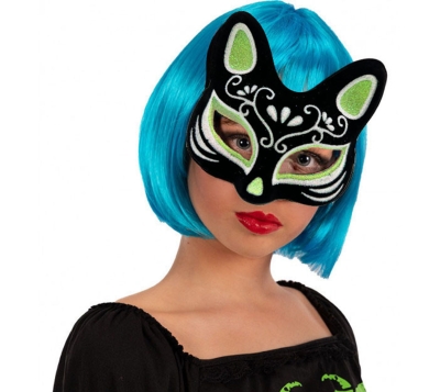 Siyah Renk Süet Kaplama Üzeri Gümüş Yeşil Simli Kedi Maskesi 17x14 cm