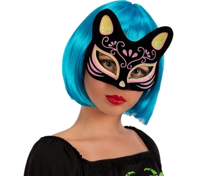 Siyah Renk Süet Kaplama Üzeri Sarı Pembe Simli Kedi Maskesi 17x14 cm